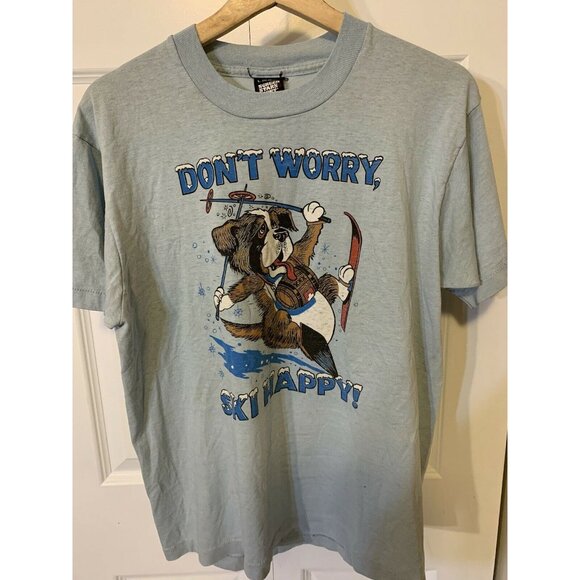 Vtg 80s‎ Don’t Worry Ski Happy Dog St Bernard Men’s Sz L Blue Screen Stars Best - Picture 7 of 8